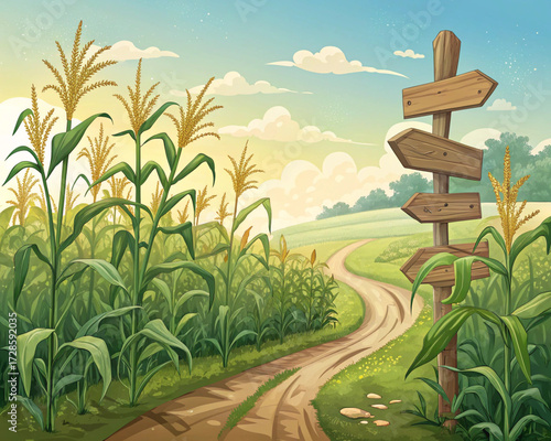 Parallax background cornfield with wooden road pointers and high green plant stems. Cartoon scenery nature 2d landscape with separated layers for game ... See More