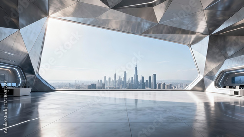 View the city skyline from the interior of a geometrically cut metal space capsule