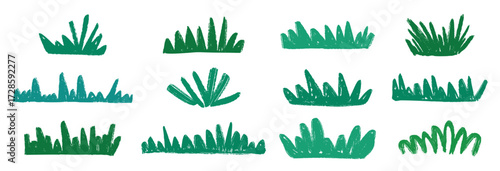 hand drawn bushes and grass collection green crayon vector illustration