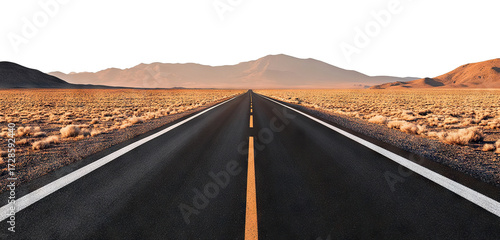 Straight desert highway stretching to horizon, isolated on transparent cutout background