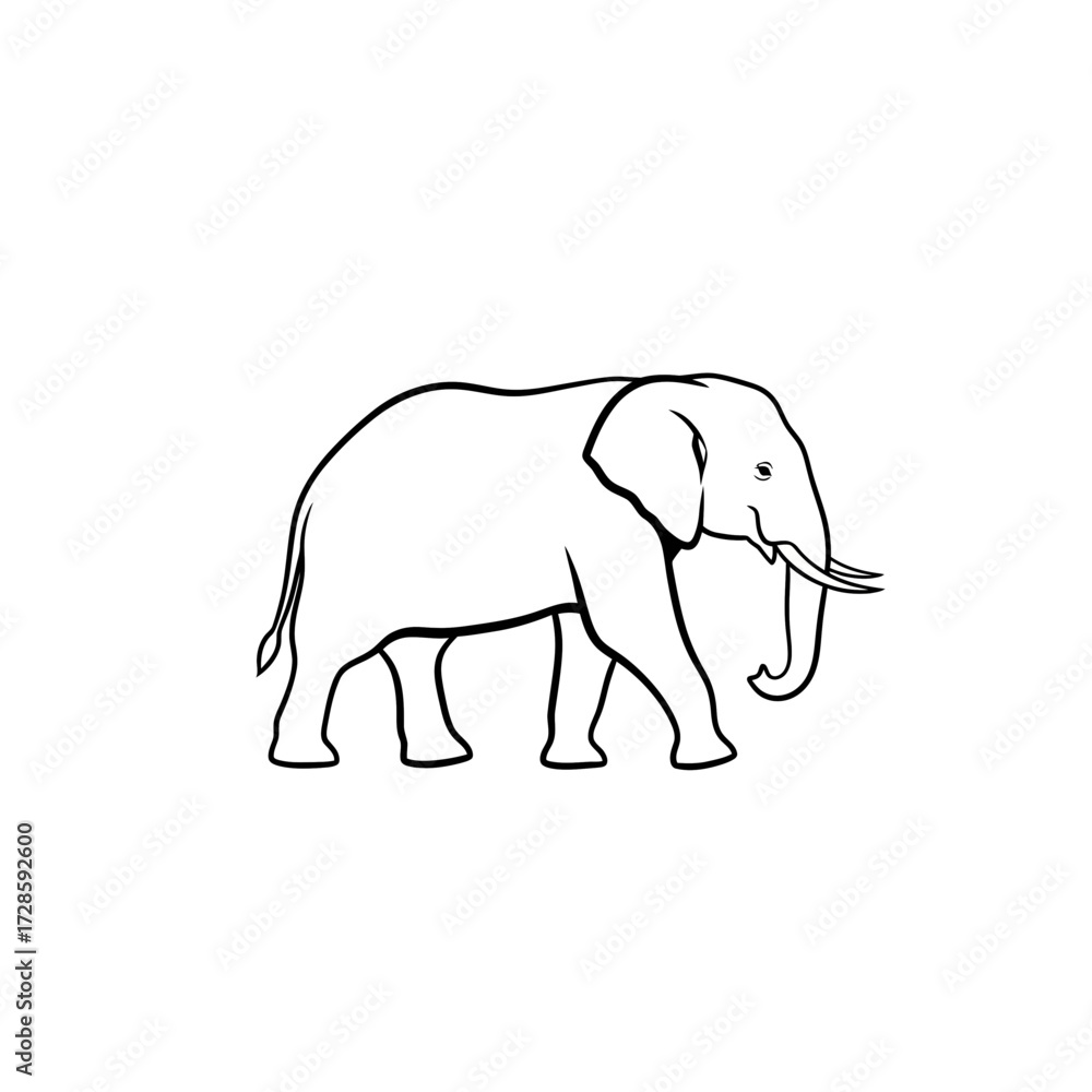 Fototapeta premium Illustration of an elephant walking, side view, black and white.