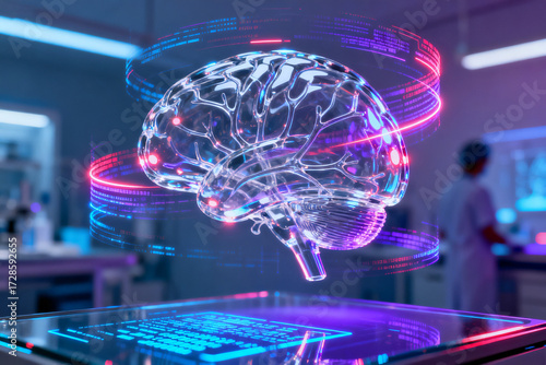 Holographic brain projection in a futuristic laboratory setting with neon lighting and digital interface