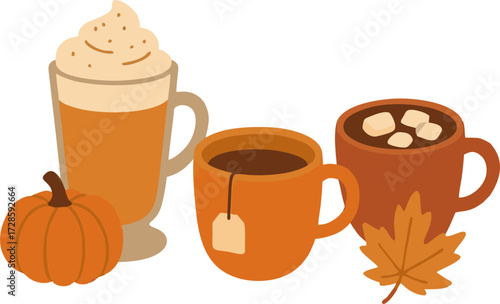 Warm autumn drinks (pumpkin spice latte, tea, cocoa)