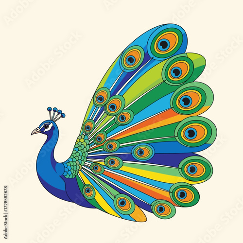 Vibrant and colorful illustration of a peacock with its elaborate tail fanned out, showcasing a spectrum of bright hues.