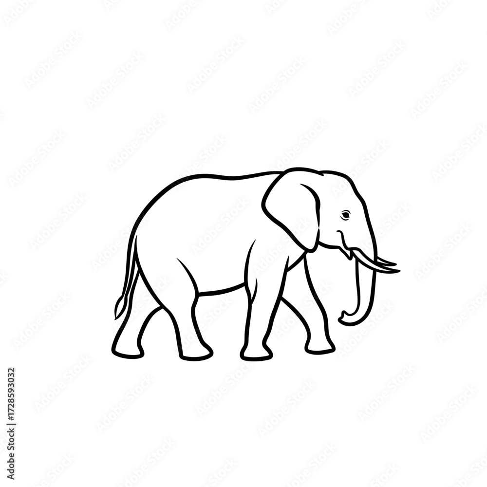 Obraz premium A simple black and white line drawing of an elephant walking from left to right.