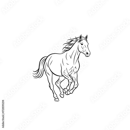 Detailed black and white line art illustration of a majestic horse galloping with its mane and tail flowing.