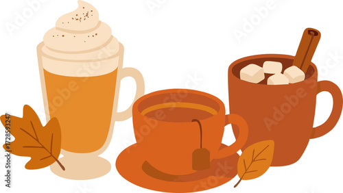 Warm autumn drinks (pumpkin spice latte, tea, cocoa)