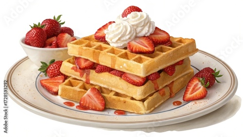 Sweet breakfast with waffles and fruit.