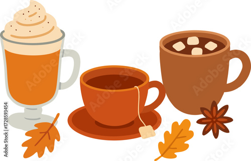 Warm autumn drinks (pumpkin spice latte, tea, cocoa)