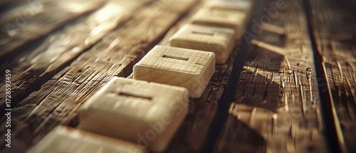 Wooden Coin Banks Arranged in a Row on a Rustic Wooden Surface under Sunlight