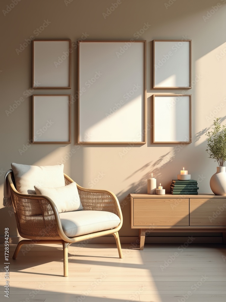 Fototapeta premium Mockup poster frames in modern Scandinavian living room interior with rattan armchair, wooden sideboard, candles, and natural sunlight