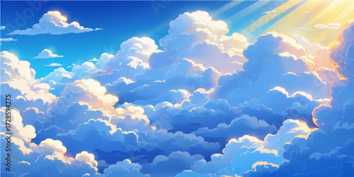 A peaceful panorama of fluffy white clouds drifting across a vast expanse of blue sky