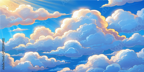 Bright sunlight illuminates fluffy white clouds drifting across a vast blue sky