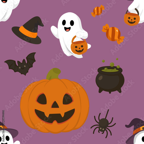 Seamless Halloween Pattern With Pumpkin Ghost Bat And Candy