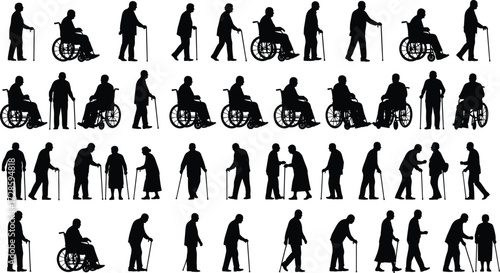Elderly silhouettes in diverse postures, walking, sitting, interacting, mobility aids, aging lifestyle, senior care, wheelchair users, healthcare, community, support, independence