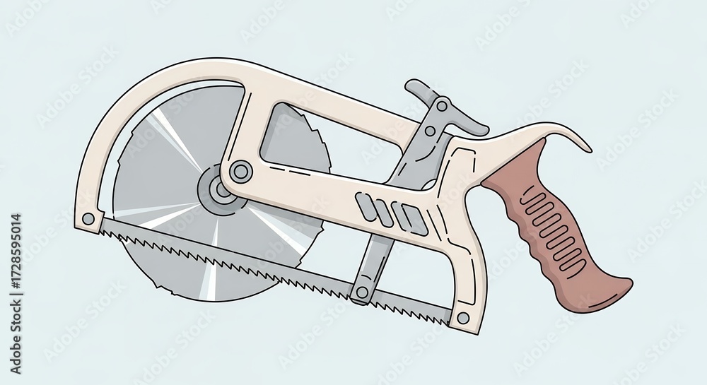 Fototapeta premium Orthopedic Cast Saw Illustration with Circular Blade and Wooden Handle in Light Beige Frame Against Soft Blue Background Flat Style Depiction of a Medical Tool with Precise Details for Orthopedic Use