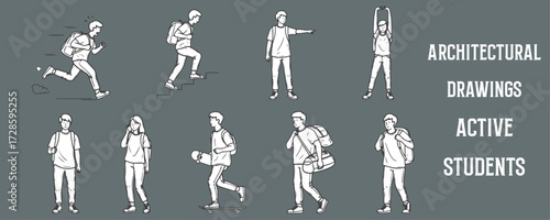 Architectural Drawings active students jogging lightly, running with backpack, walking up stairs vector illustration,  front view, human person Minimal style hand drawn.
