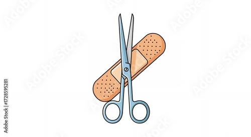 Scissors Cutting a Beige Bandage with Brown Spots in a Flat 2D Illustration Against a Clean White Background for Medical Treatment and First Aid Concepts Depicted in Bright, Simple Style
