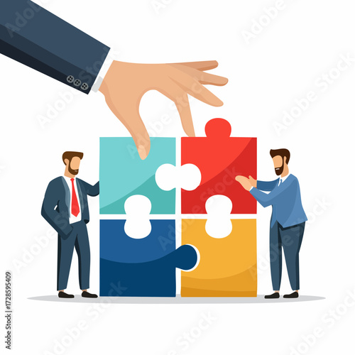 New joiner to fill in team and solve problem, teamwork to get solution, put right man in the right job to fit job description concept, businessman hand HR put new joiner to connect jigsaw puzzle.