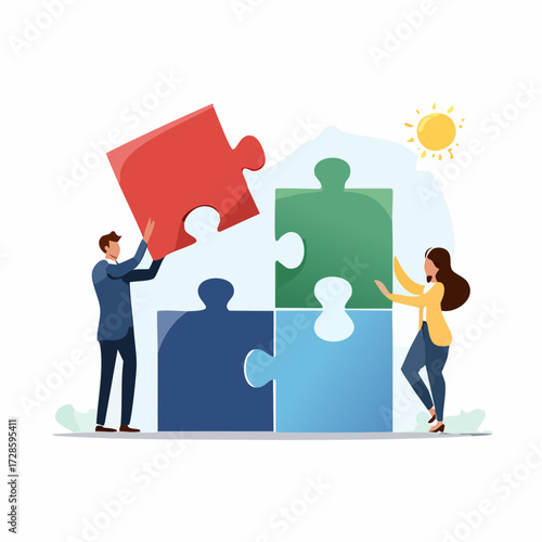 New joiner to fill in team and solve problem, teamwork to get solution, put right man in the right job to fit job description concept, businessman hand HR put new joiner to connect jigsaw puzzle.