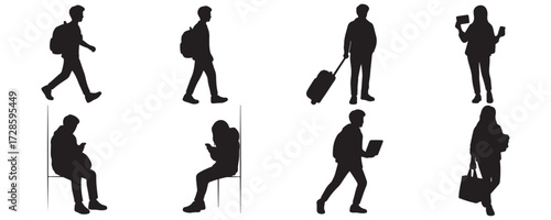 Architectural Drawings silhouette commuting students walking with backpack, pulling small luggage, holding bus pass vector illustration,  front view, human person Minimal style hand drawn.