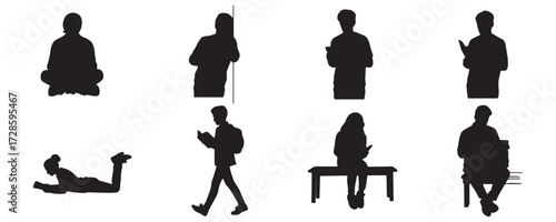 Architectural Drawings outline students reading sitting cross-legged with book, leaning on wall reading, standing with open book vector illustration, front view, human person