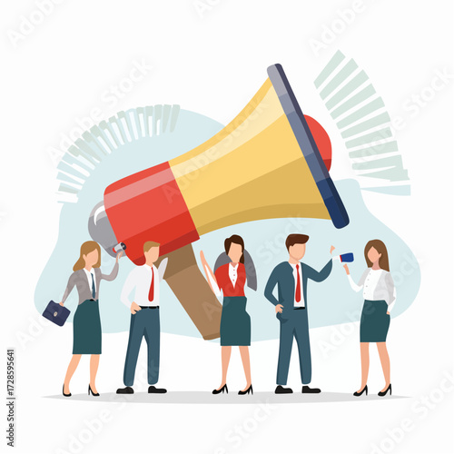 Marketing communication, announce promotion or communicate with employees, community or organization speech, loud voice or announcement concept, business people PR public relation shout on megaphone.