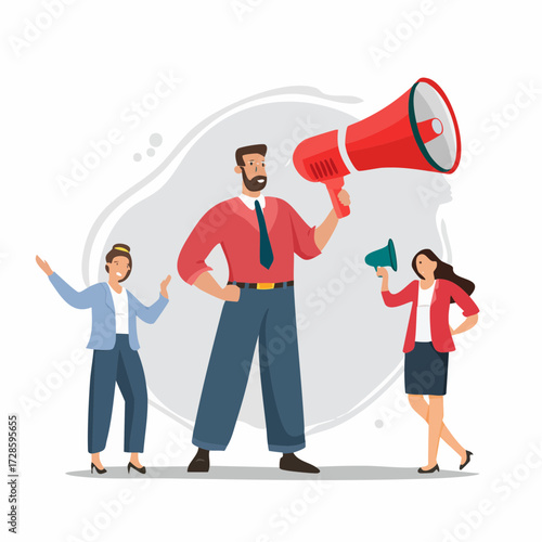 Marketing communication, announce promotion or communicate with employees, community or organization speech, loud voice or announcement concept, business people PR public relation shout on megaphone.