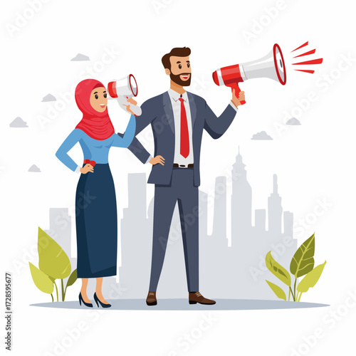 Marketing communication, announce promotion or communicate with employees, community or organization speech, loud voice or announcement concept, business people PR public relation shout on megaphone.