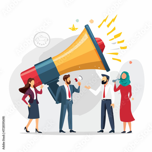 Marketing communication, announce promotion or communicate with employees, community or organization speech, loud voice or announcement concept, business people PR public relation shout on megaphone.