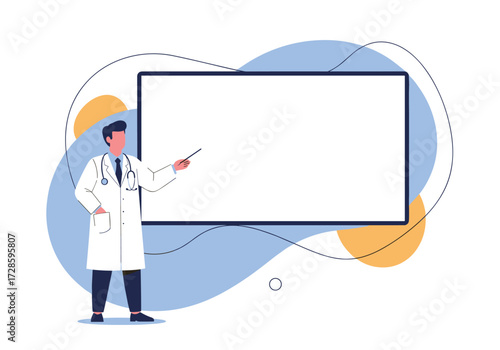 A doctor standing in front of a blank whiteboard pointing with a pen.