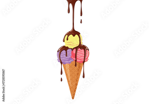 A delightful cone with three scoops of ice cream topped with chocolate sauce.