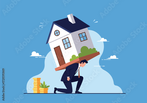 A man carrying a heavy house on his back symbolizing debt.