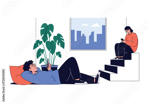 Two people looking at their phones while relaxing indoors.