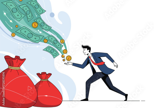 A businessman collects coins and money pouring from a waterfall into bags.