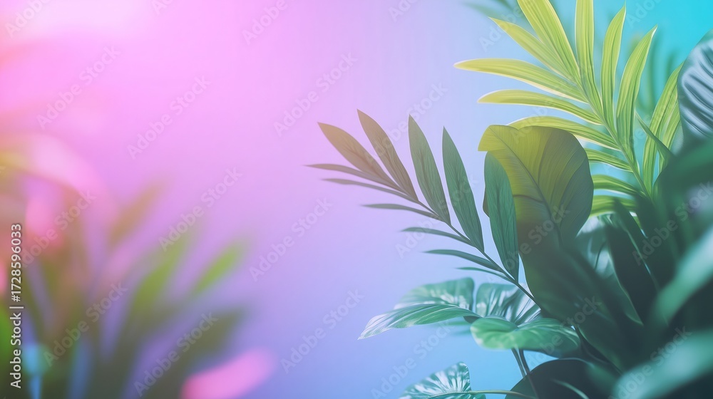 Fototapeta premium Vibrant tropical foliage with colorful background gradient