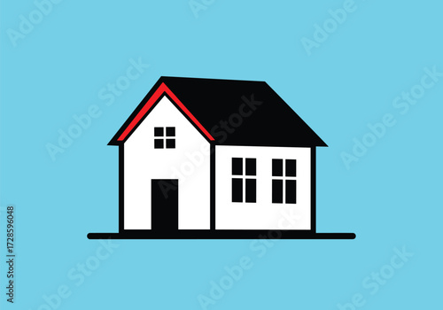 Simple house illustration against a bright blue background.