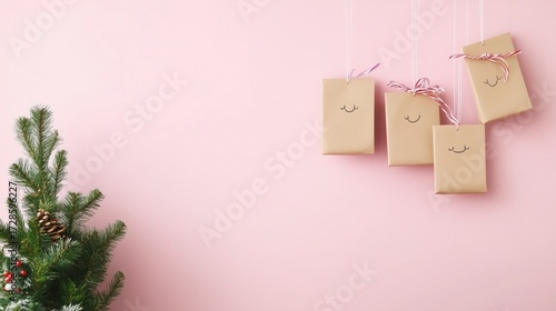 Minimalist holiday gift wrap display with pine branch on soft pink background