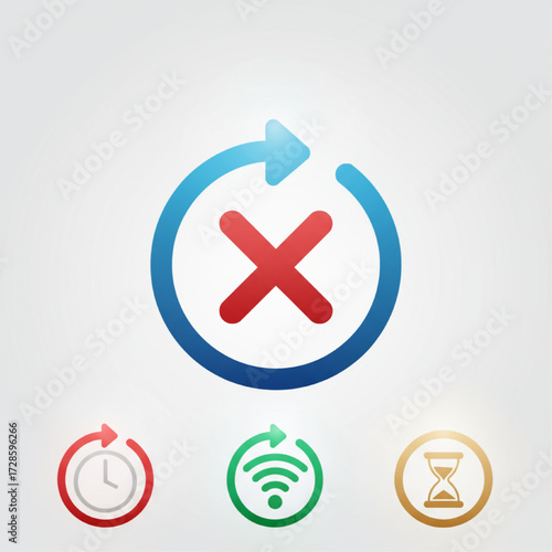 State indicator vector icons loading spinner, error cross, connection wifi, and idle timer