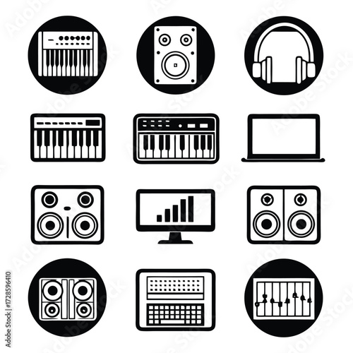 Set of 12 music and audio production icons keyboard speaker headphones laptop monitor mixer 