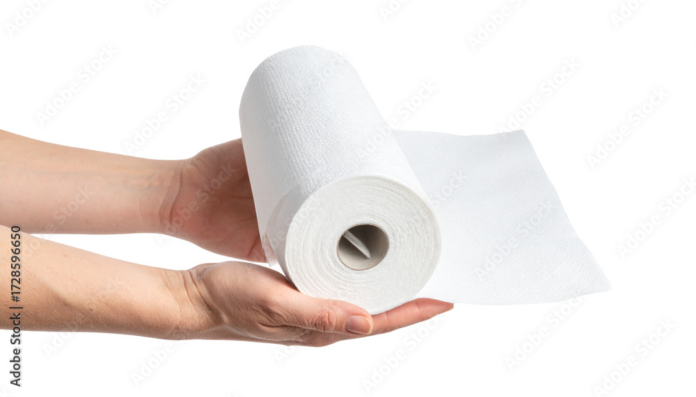 Fototapeta premium Hands holds a roll of paper kitchen towels. Isolated on transparent. Disposable absorbent paper towels for kitchen use, wiping surfaces