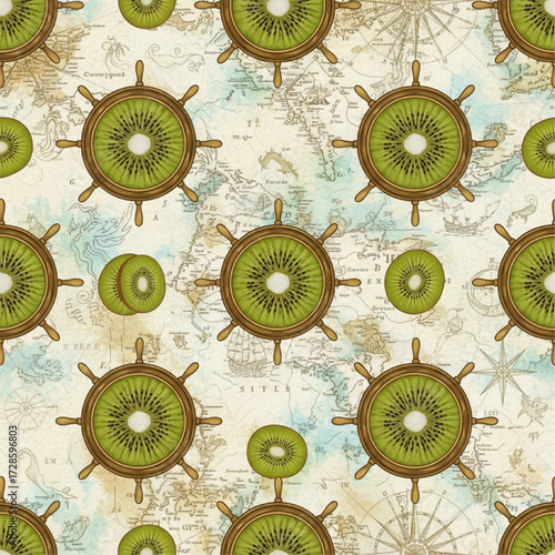 Seamless pattern of sliced kiwis like ship's wheels on nautical map background