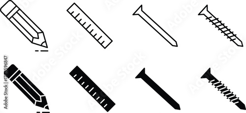 Carpenter pencil ruler nail and screw tool icons for woodworking and construction projects and Vector Silhouette..eps