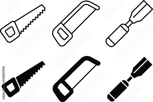 Hand saw hacksaw and wood chisel construction tool icons for carpentry and woodworking and Vector Silhouette..eps