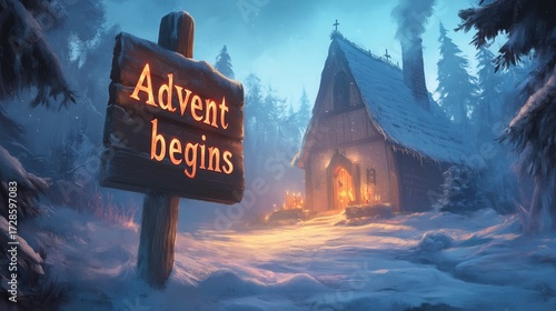 Cozy winter cabin with advent sign in snowy forest at dusk