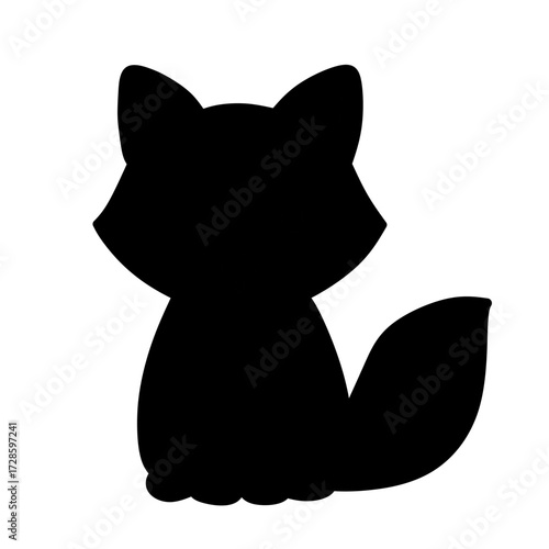 This is a black silhouette illustration of a cute fox sitting down, with pointed ears, a rounded body, and a large bushy tail.

