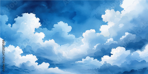 Bright white fluffy cumulus clouds float through a beautiful blue sky on a sunny day