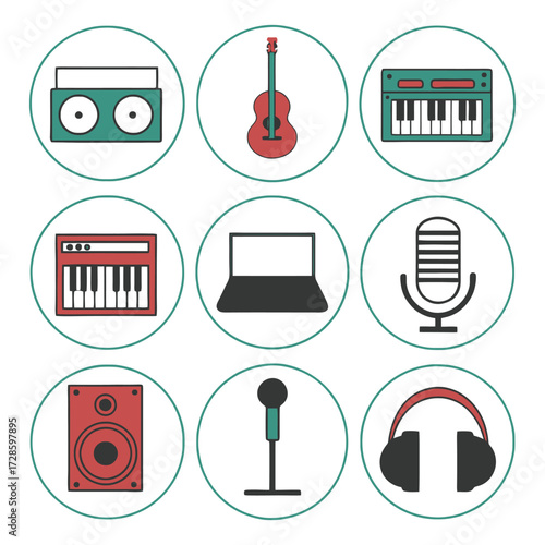 Collection of music and audio production icons for digital media and sound design 