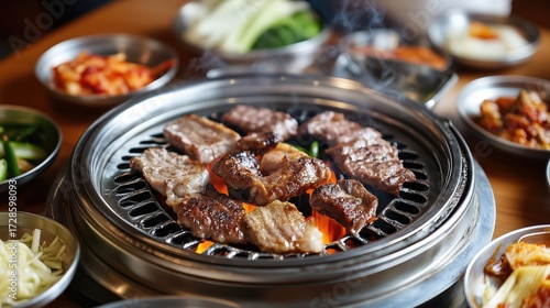 Korean bbq feast with grilled meat and traditional side dishes on table