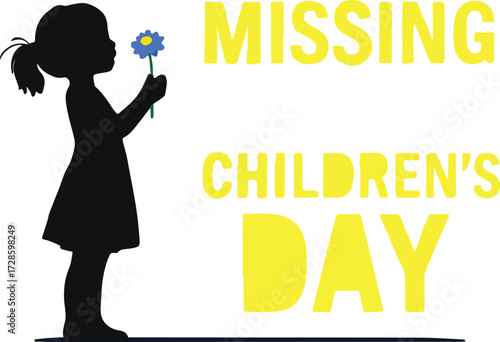 Missing Children’s Day illustration with child silhouette holding flower and bold yellow text — awareness and hope design